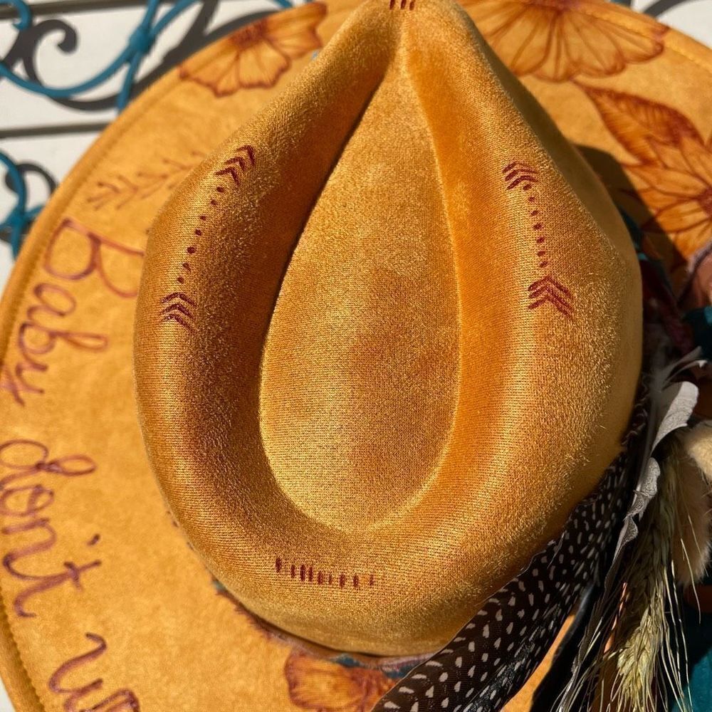 Hand Burned Hat | Wide Brim Hat | Branded Hat | wildflowers faux suede hat | Don - Picture 3 of 9